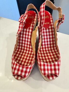 Christian Louboutin Red-and-White Gingham Peep-Toe Wedge Sandals